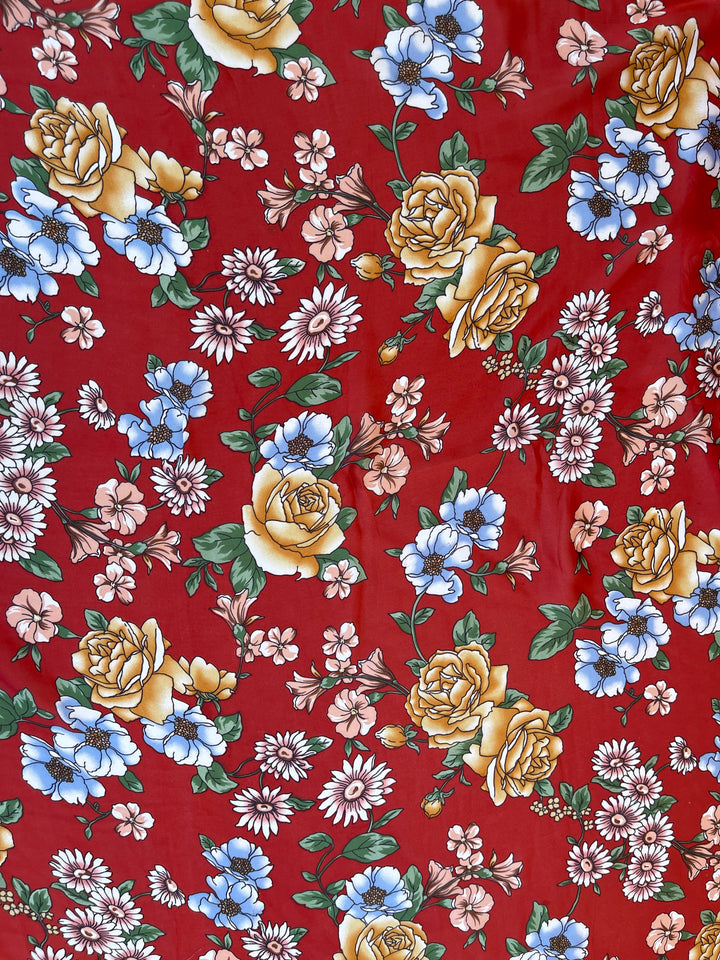 Lightweight  satin fabric by the yard - orange blue yellow floral  print