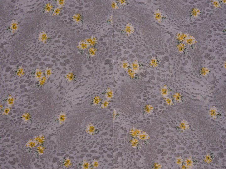 Lightweight  satin  fabric by the yard - Gray animal and Yellow   floral  print