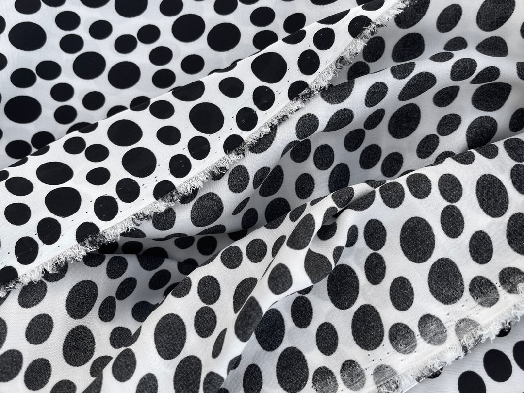 Silky lightweight  satin fabric by the yard - Black polka dots on White