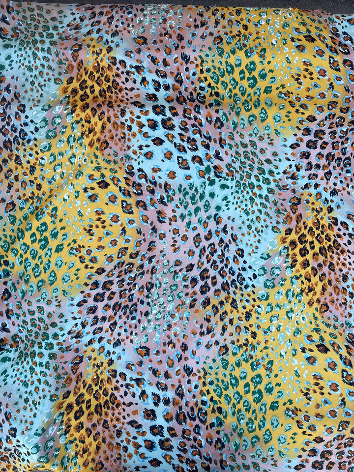 Lightweight  satin  fabric by the yard - Yellow aqua coral animal print