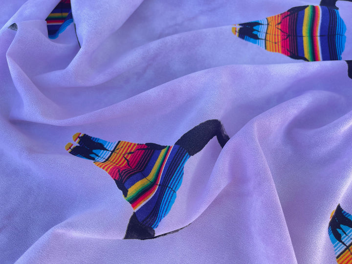 Stretch Crepe  fabric by the yard - Serape skull on lavender  tie dye western print