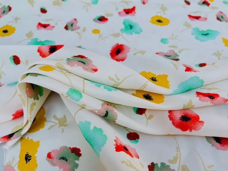 Peachskin stretch fabric by the yard - white florals