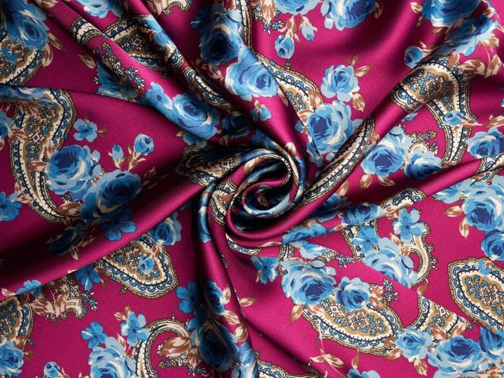 Paisley charmeuse satin fabric by the yard - Plum pink dusty blue roses and paisley