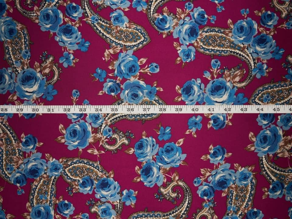 Paisley charmeuse satin fabric by the yard - Plum pink dusty blue roses and paisley