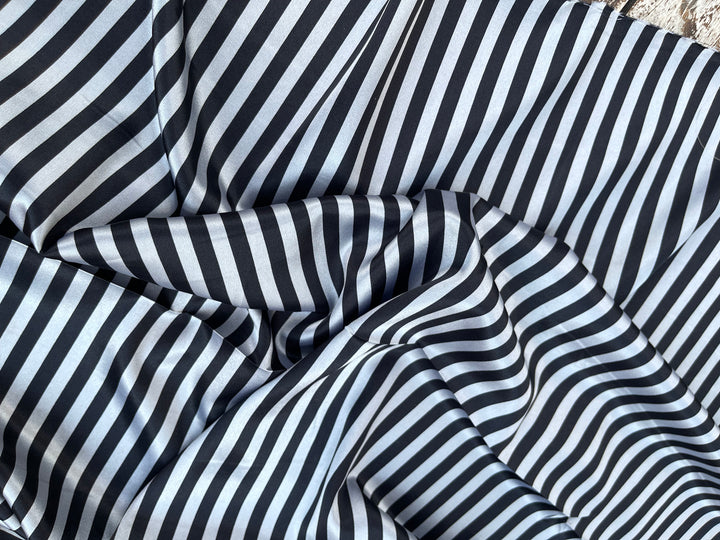 Faux silk charmeuse satin fabric by the yard - black and gray stripes