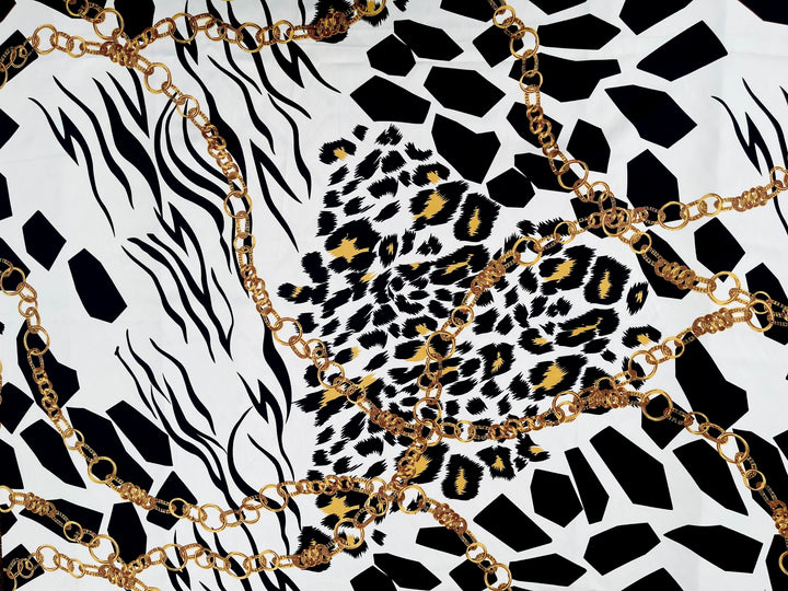 Charmeuse Satin fabric by the yard - Black and white animal with gold chains print