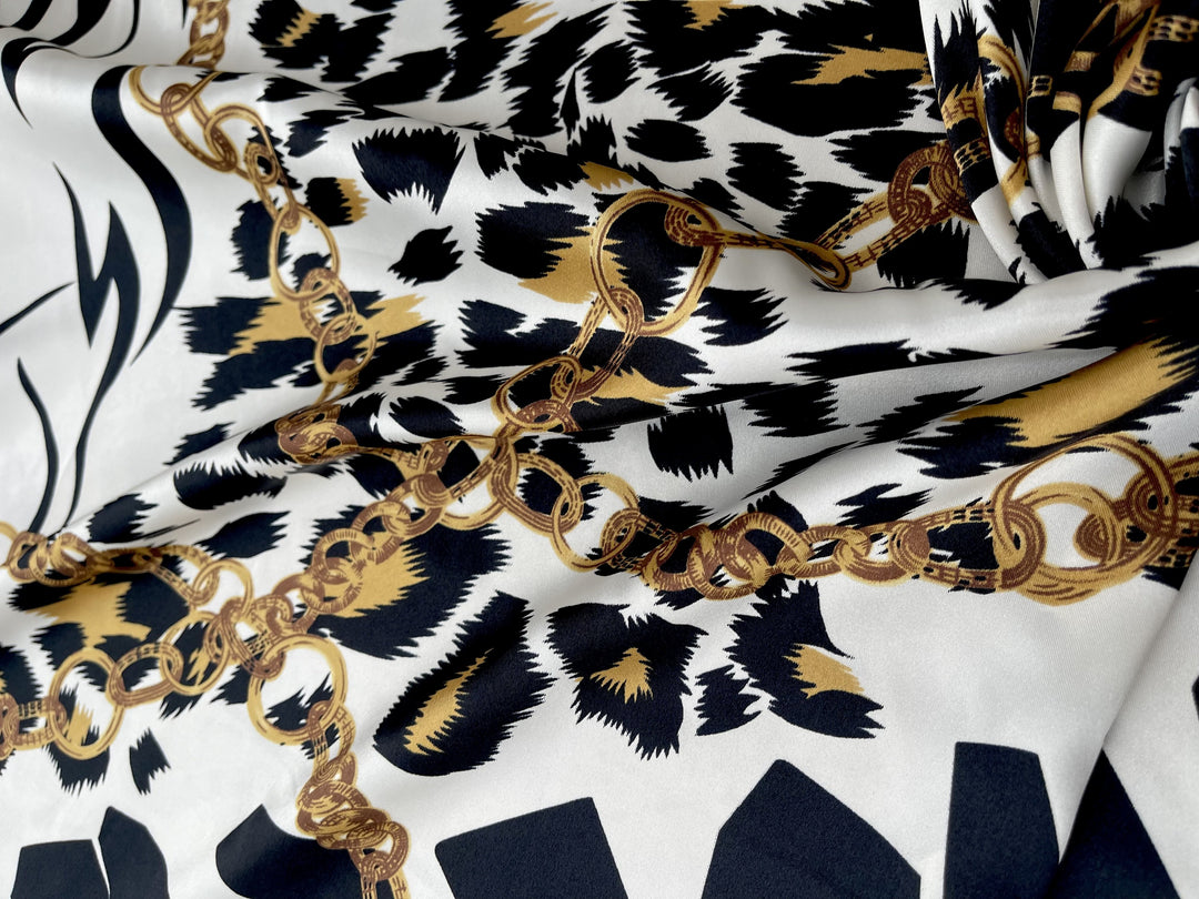 Silky satin Black and white Animal with gold chains print fabric