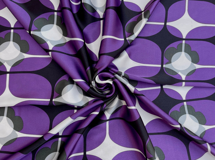 Charmeuse satin fabric by the yard - Purple and gray geometric floral