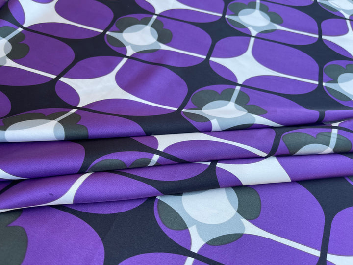 Charmeuse satin fabric by the yard - Purple and gray geometric floral