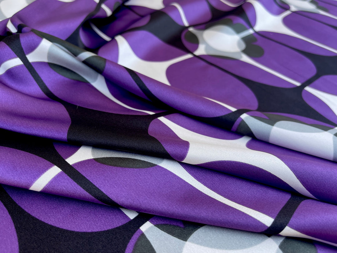 Charmeuse satin fabric by the yard - Purple and gray geometric floral