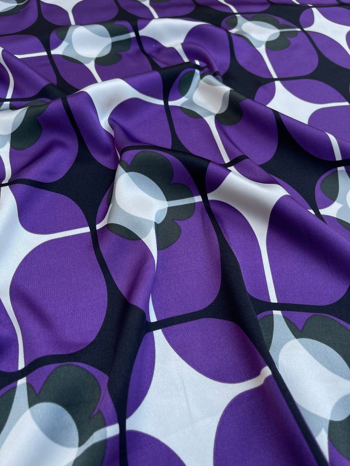 Charmeuse satin fabric by the yard - Purple and gray geometric floral