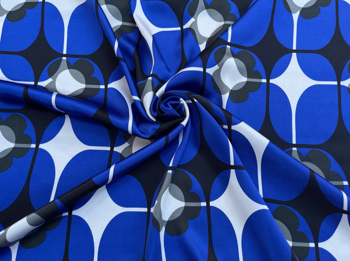 Charmeuse satin fabric by the yard -  Royal blue and gray geomtric floral