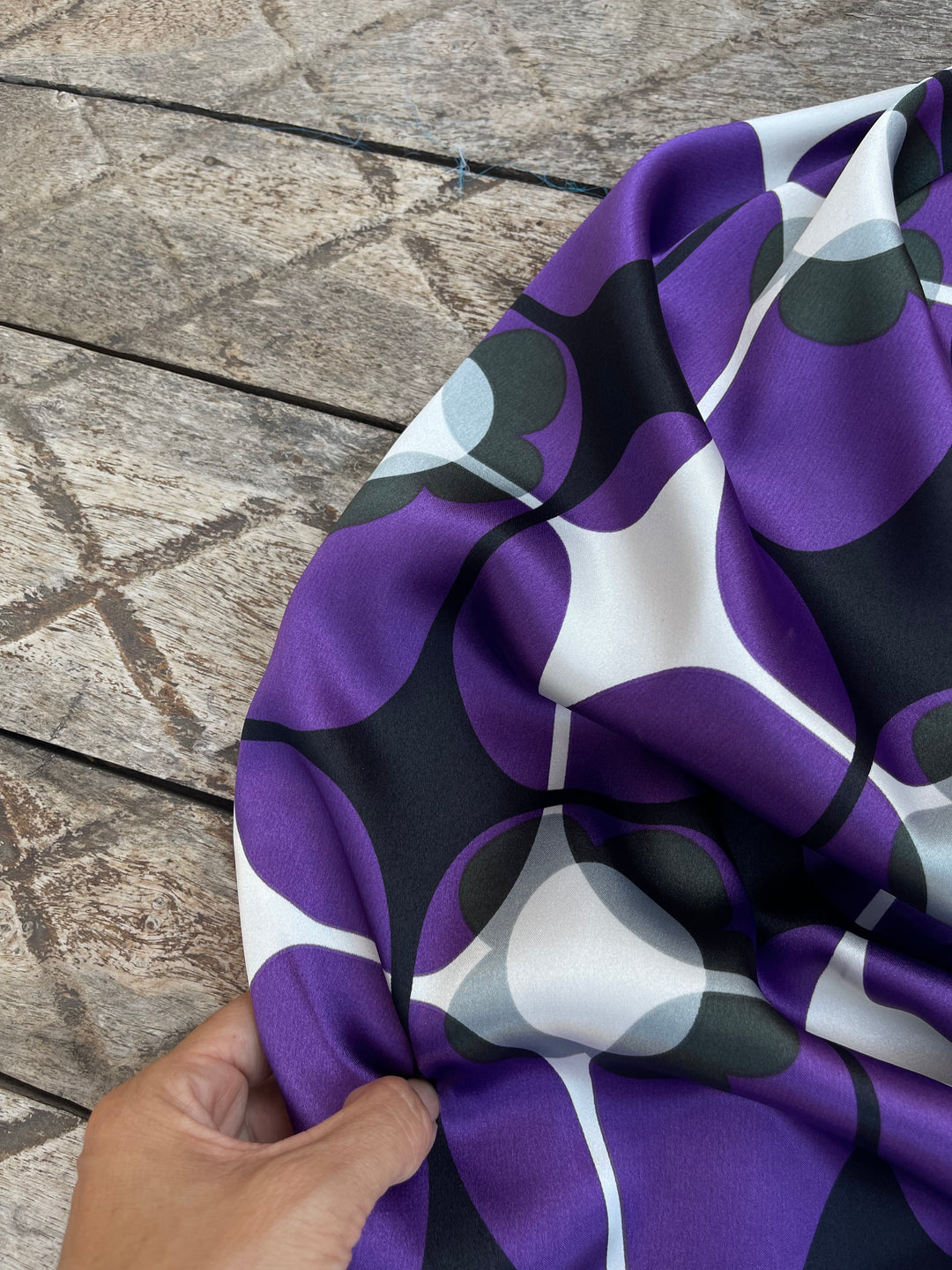 Charmeuse satin fabric by the yard - Purple and gray geometric floral