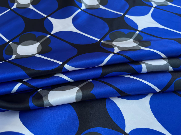 Charmeuse satin fabric by the yard -  Royal blue and gray geomtric floral