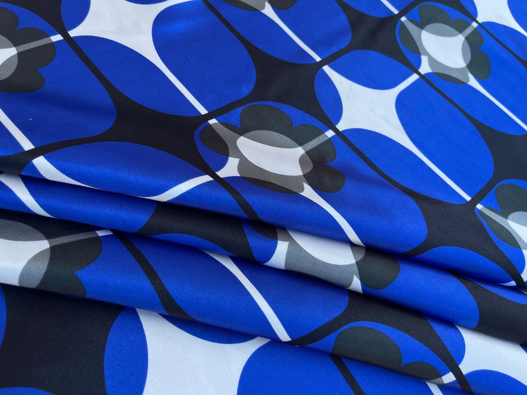 Charmeuse satin fabric by the yard -  Royal blue and gray geomtric floral