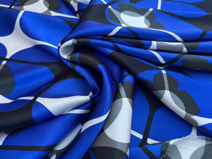 Charmeuse satin fabric by the yard -  Royal blue and gray geomtric floral