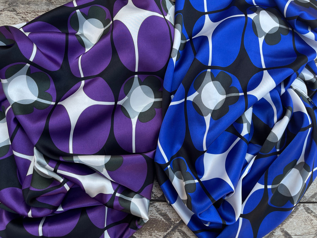 Charmeuse satin fabric by the yard -  Royal blue and gray geomtric floral