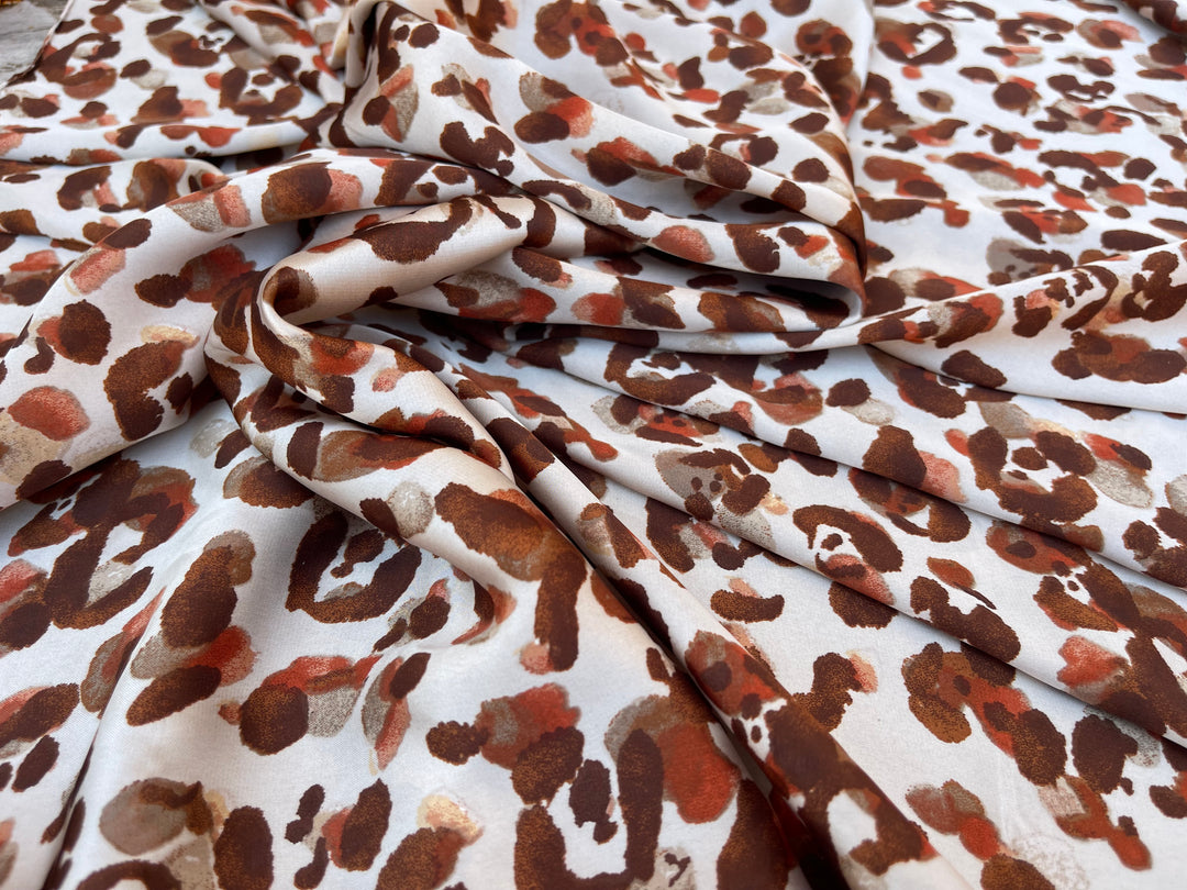 Lightweight  satin  fabric by the yard - Rusty brown orange  animal print