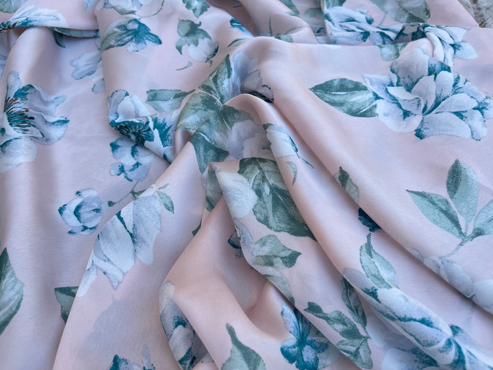 Lightweight  satin  fabric by the yard - Light pink turquoise green  floral  print