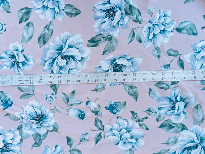 Lightweight  satin  fabric by the yard - Light pink turquoise green  floral  print