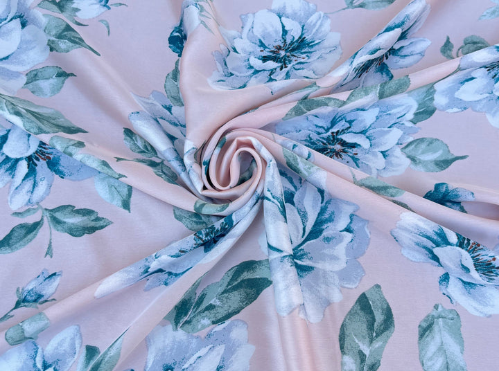 Lightweight  satin  fabric by the yard - Light pink turquoise green  floral  print