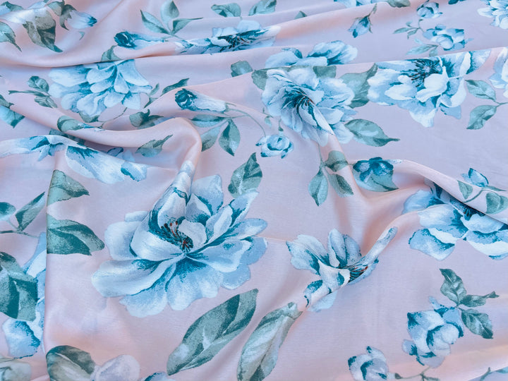 Lightweight  satin  fabric by the yard - Light pink turquoise green  floral  print