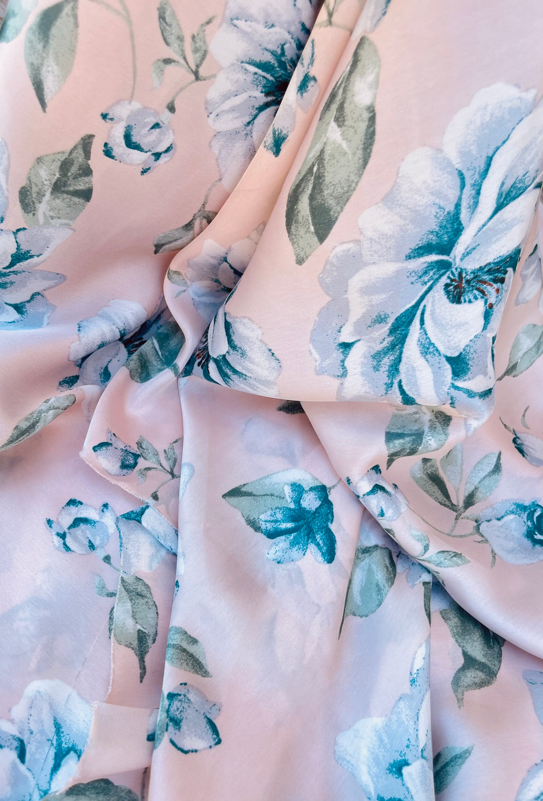 Lightweight  satin  fabric by the yard - Light pink turquoise green  floral  print