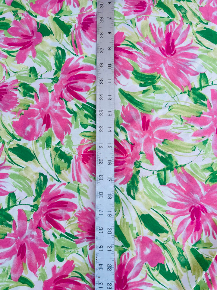 Lightweight satin dobby fabric by the yard - Pink and green  floral print