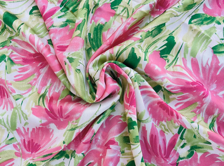 Lightweight satin dobby fabric by the yard - Pink and green  floral print