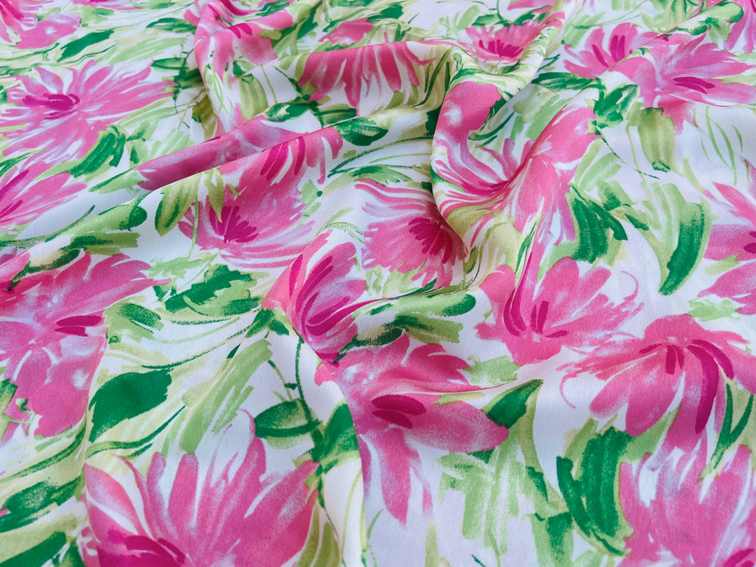 Lightweight satin dobby fabric by the yard - Pink and green  floral print