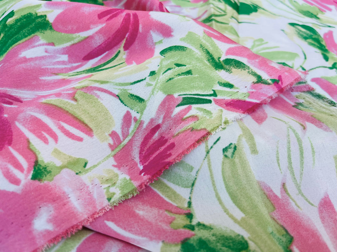 Lightweight satin dobby fabric by the yard - Pink and green  floral print