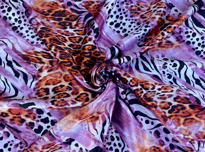 Charmeuse satin fabric by the yard  -  Pink lavender brown cheetah animal print