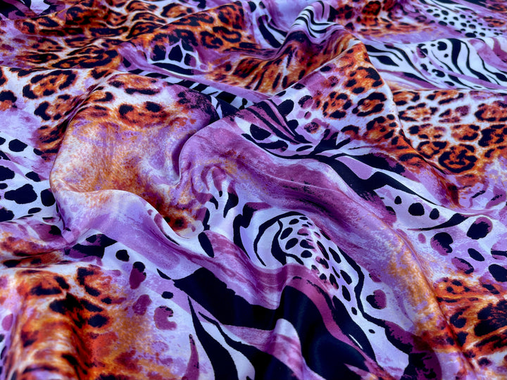 Charmeuse satin fabric by the yard  -  Pink lavender brown cheetah animal print