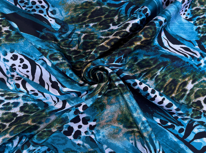 Charmeuse satin fabric by the yard  -  Blue green cheetah animal print