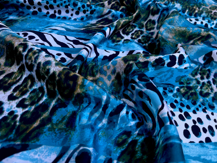 Charmeuse satin fabric by the yard  -  Blue green cheetah animal print