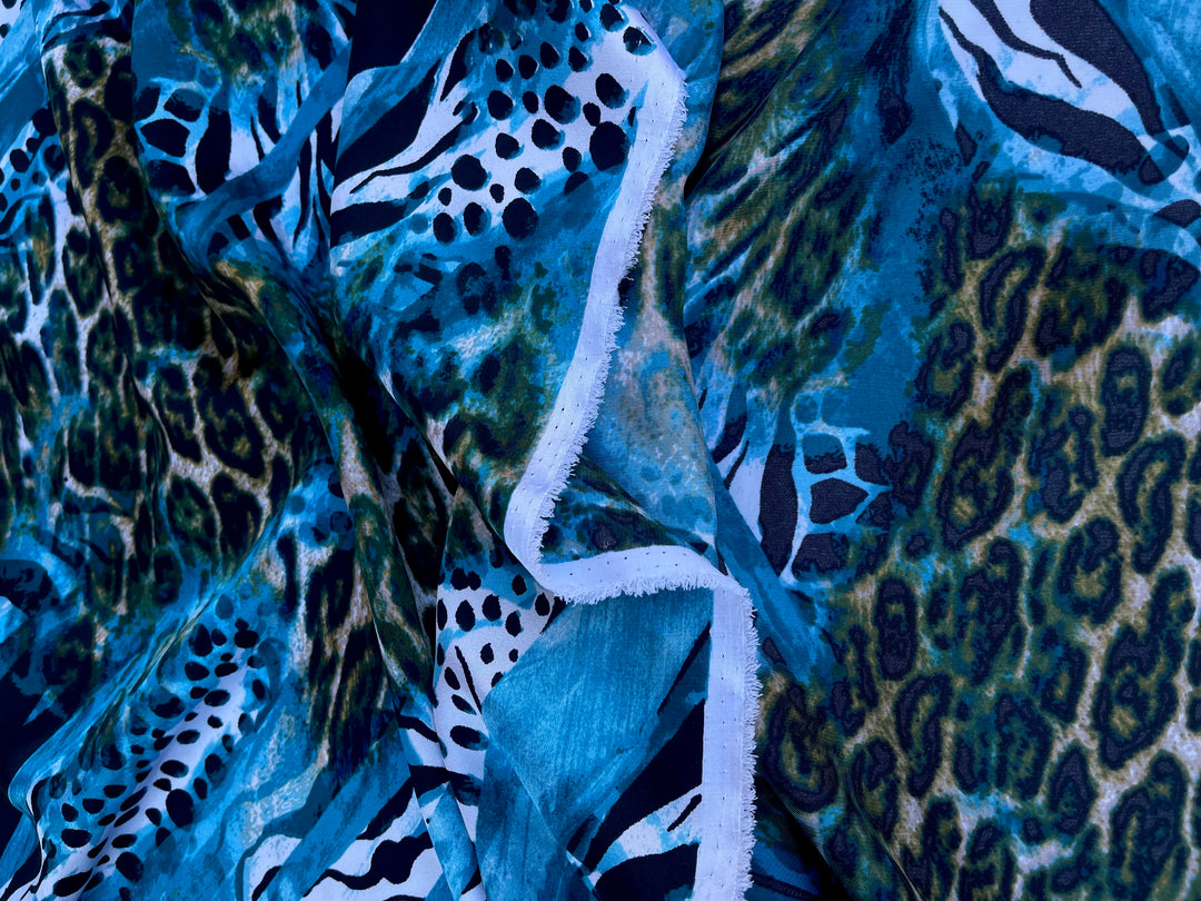 Charmeuse satin fabric by the yard  -  Blue green cheetah animal print