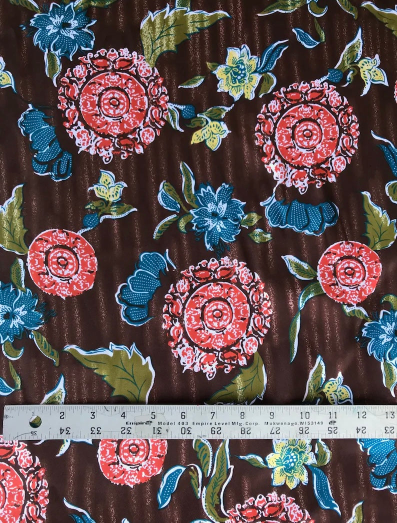 Charmeuse Satin Fabric by the yard -  Brown orange blue flowers