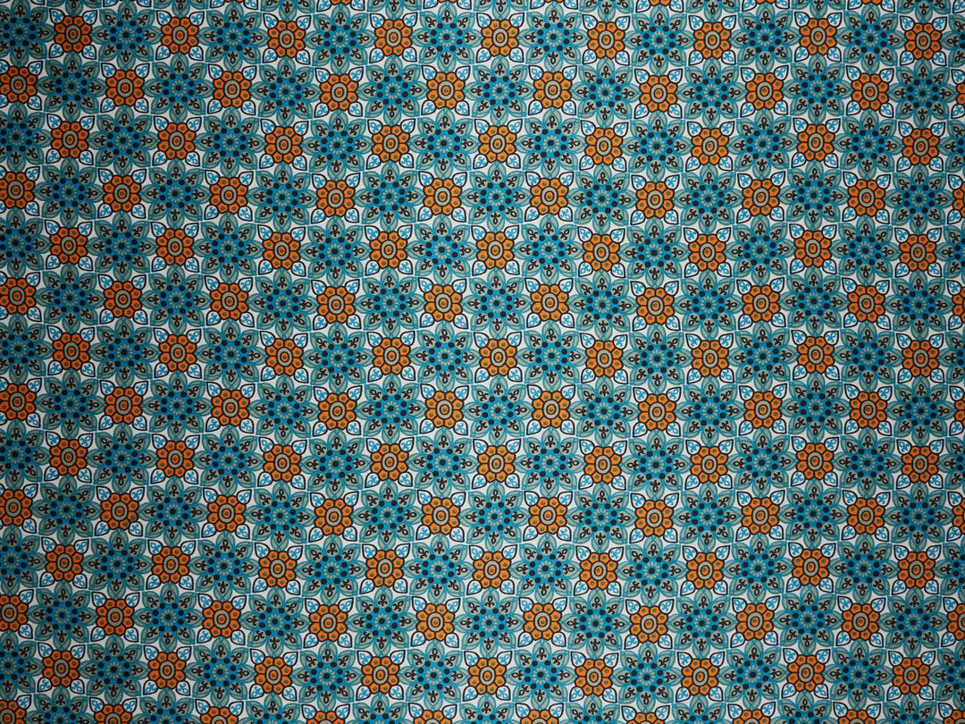 MonSar floral tile charmeuse satin fabric by the yard - Geo floral teal orange