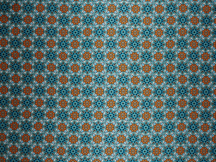 MonSar floral tile charmeuse satin fabric by the yard - Geo floral teal orange