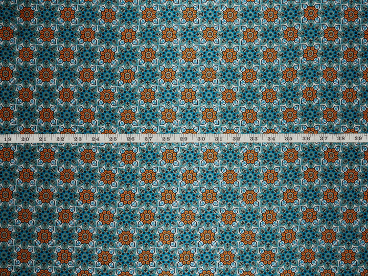 MonSar floral tile charmeuse satin fabric by the yard - Geo floral teal orange