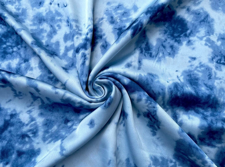 Lightweight  satin fabric by the yard - Blue, light blue and  white marble tie dye