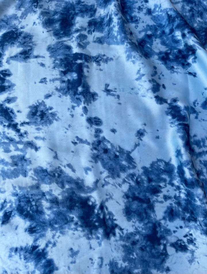 Lightweight  satin fabric by the yard - Blue, light blue and  white marble tie dye