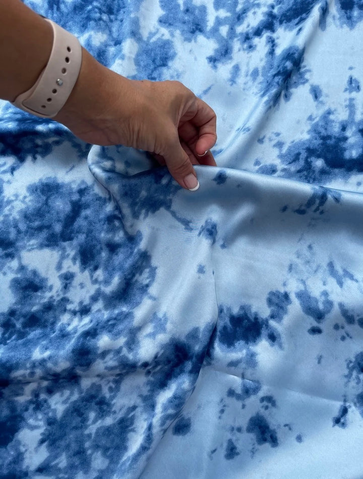 Lightweight  satin fabric by the yard - Blue, light blue and  white marble tie dye