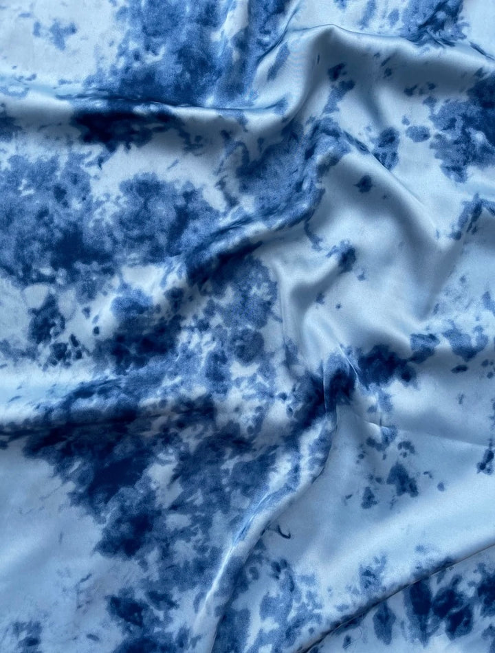 Lightweight  satin fabric by the yard - Blue, light blue and  white marble tie dye