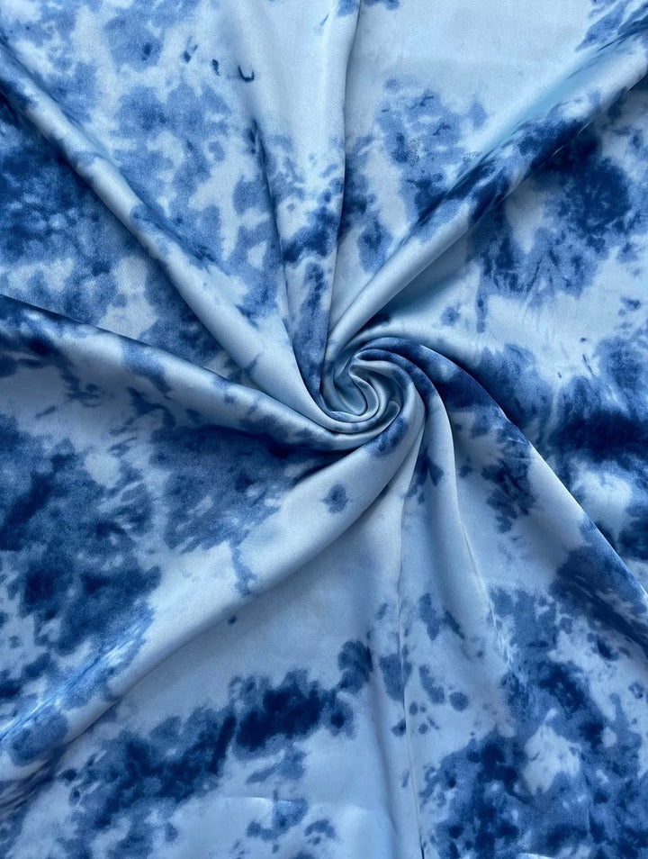 Lightweight  satin fabric by the yard - Blue, light blue and  white marble tie dye