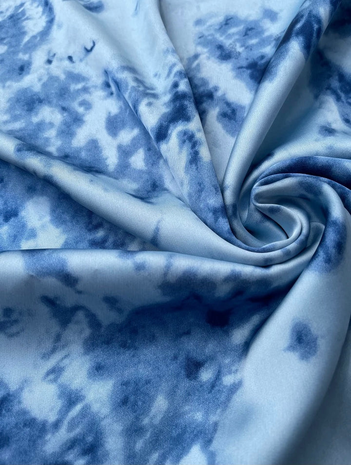 Lightweight  satin fabric by the yard - Blue, light blue and  white marble tie dye