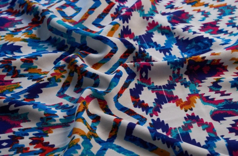 Peachskin  fabric by the yard -Blue red orange aztec tribal