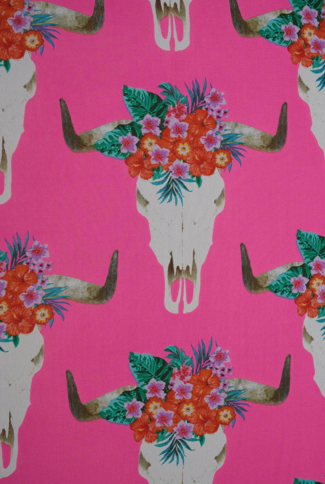 Chiffon fabric by the yard - Hot pink longhorn floral steer head