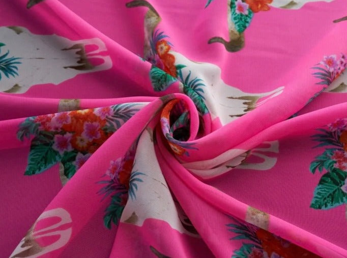 Chiffon fabric by the yard - Hot pink longhorn floral steer head