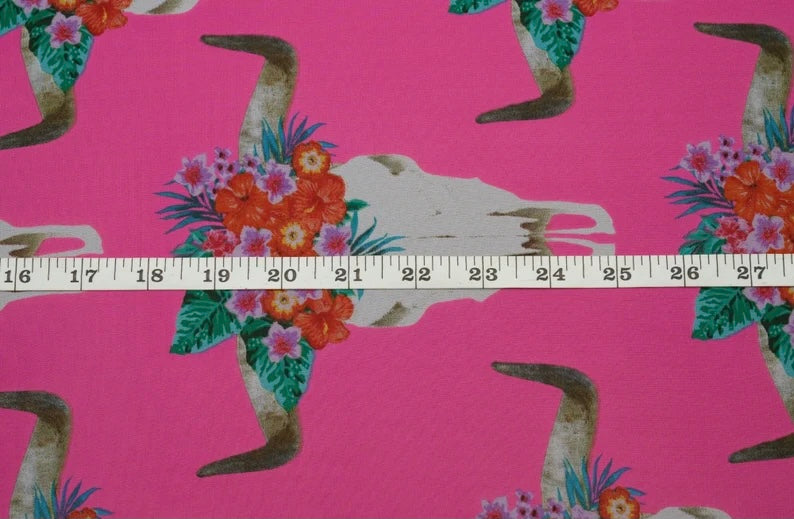 Chiffon fabric by the yard - Hot pink longhorn floral steer head